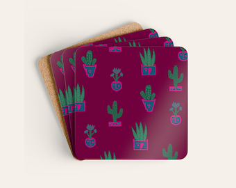 Cactus Planter Coaster Set of 4, Plant Lover Corkwood Drink Coasters
