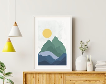 Morning Green Mountain Print, Minimalist Landscape Wall Art, Japandi Sage Green Poster, Scandi Boho Decor