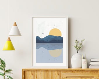Sunset Mountain Lake Print, Minimalist Landscape Wall Art, Japandi Blue Reflection Poster, Boho Decor