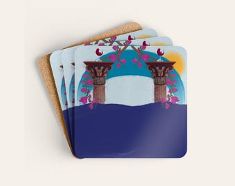 Aegean Feast Coaster Set of 4, Greek Column Wine Santorini Corkwood Coasters