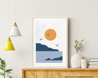 Afternoon Coastal Print, Minimalist Ocean Landscape Wall Art, Japandi Sea Poster, Orange Sun Decor