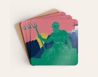 Poseidon Coaster Set of 4, Greek Mythology Sea God Santorini Corkwood Coasters