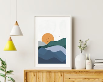 Sunrise Mountain Print, Minimalist Landscape Wall Art, Japandi Boho Rolling Hills Poster, Golden Hour Decor