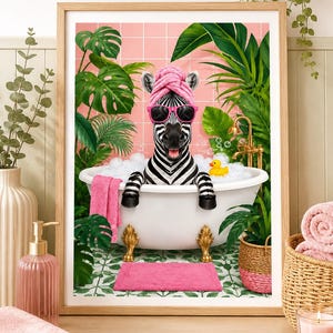 May include: A framed wall art print featuring a zebra in a white clawfoot bathtub filled with bubbles. The zebra wears pink sunglasses and a pink towel wrap on its head. A yellow rubber duck sits in the bubbles, surrounded by green tropical plants.