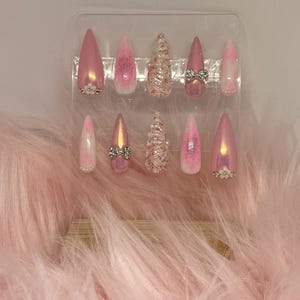 Blush Bowtique | Handmade Long Press-On Nails in Iridescent Pink with Rhinestone & Glitter Accents