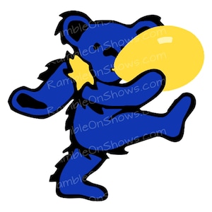 May include: A blue bear cartoon character with a yellow egg-shaped object. The bear has a star on its chest and is kicking its leg out. The image is a graphic design on a white background.