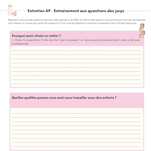 Peut inclure: Feuille de travail rose et blanche avec du texte en français, intitulée "Entretien AP - Entrainement aux questions des jurys". Elle comprend des questions de préparation à l'entretien, telles que "Pourquoi avez-vous choisi ce métier ?" et "Comment réagiriez-vous face à un enfant qui pleure beaucoup ?"