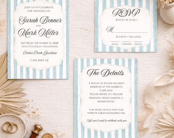 Wedding Invitation Bundle Template, Invitation, RSVP Card, Details Card, Costal Vintage Wedding Suite Set