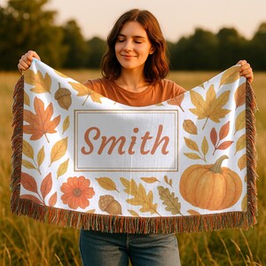Personalized Fall Woven Cotton Blanket: Autumn Decor, Custom Name
