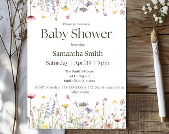 Printed Wildflower Baby Shower Invitation: Boho Floral Theme