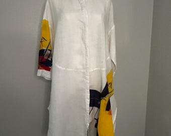 Vintage Yessika Hand-Painted Abstract Art Linen Tunic - Size M/L, Made in USA