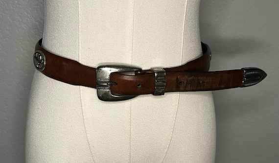Enmon leather belt, brown w/ silver, NEW Sz S Enmon Womens Brown Leather Silver Studded Embellished Belt w  main image 3