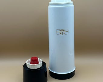 Vintage Thermos White and Black Vacuum Bottle - 1960s - Classic Design, 1 Quart