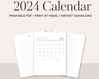 Ritratto del calendario mensile 2024, Calendario da parete 2024 PDF stampabile, Calendario mensile minimalista, Calendario mensile 2024, Calendario da parete 2024