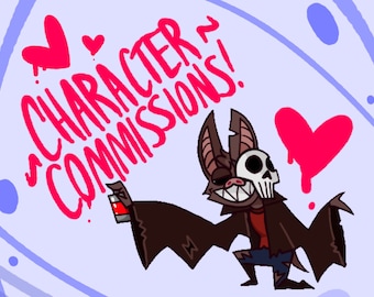 Könnte beinhalten: Eine Cartoon-Fledermaus mit einer Totenkopfmaske sprüht die Worte "CHARACTER COMMISSIONS!" in Pink auf einen hellblauen Hintergrund mit Herzen und Wirbeln.