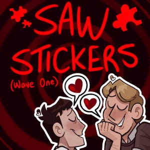 Könnte beinhalten: Rote und weiße Sticker-Tabelle mit dem Text "SAW STICKERS (Wave One)" und zwei Comicfiguren mit Herzen über ihren Köpfen.