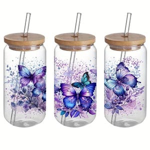 Schmetterling Blumen UV DTF Transferaufkleber 24 x 11 cm für 16 Unzen Gläser Tassen Becher selbstklebend abriebfest 4 Motive zur Auswahl