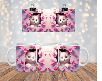 3D white cats with pink flowers, sublimation file 11 OZ mug template, sublimation printing, digital download, PNG