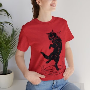 Gift for her, gift for him, black cat, red t shirt, costum t shirtUnisex Jersey Short Sleeve Tee