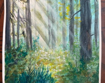 Sun Rays in the Trees: (8x10) Handpainted Watercolor