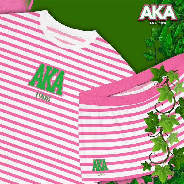 AKA Women's Short Pajama Set - Pink & Green Comfy Lounge Wear with Greek Letters, HBCU Sorority Merch, AKA Sleepover Gift