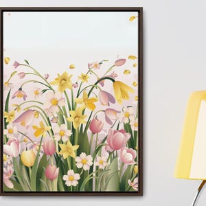 Boho Vintage Framed Wildflower Stretched Canvas - Vertical Floral Wall Art, Modern Cottagecore Farmhouse Decor, Botanical Flowers