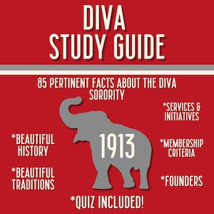 Può includere: Una guida di studio rossa e grigia per una confraternita chiamata DIVA. La guida include 85 fatti sulla confraternita, la sua storia, le tradizioni, i servizi, le iniziative, i criteri di ammissione e i fondatori. La guida include anche un quiz. L'anno 1913 è in evidenza sulla guida.