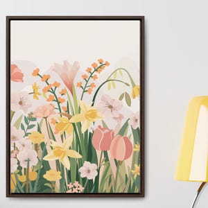 Boho Vintage Framed Wildflower Stretched Canvas - Vertical Floral Wall Art, Modern Cottagecore Farmhouse Decor, Botanical Flowers