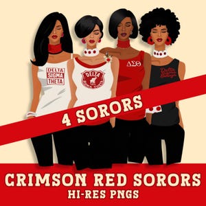 Hermandad de divas de color rojo carmesí PNG JPG - 4 hermanas - Gráficos de letras griegas de alta resolución - Descarga digital instantánea para creadores y coleccionistas de productos