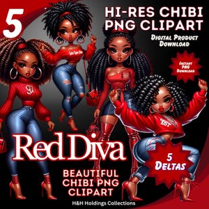 Red Diva Sorority Chibi PNG Bundle – 1913 Elephant & Black Girl Clipart – 5 Digital Downloads for Merch HBCU Creators and Collectors