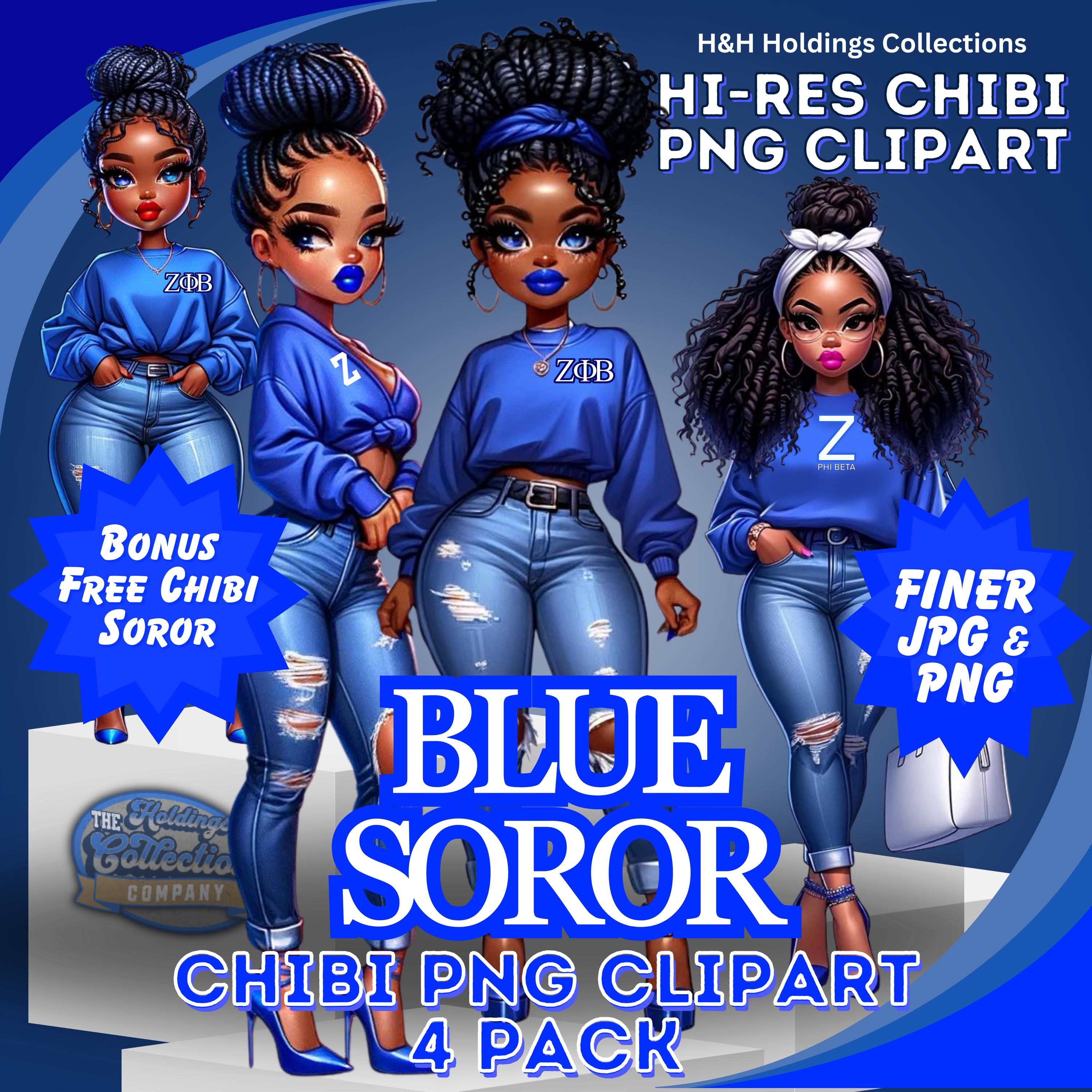 Pretty Blue Sorority Chibi PNG Bundle: 4 Finer Black Girl Clipart - Greek Digital Downloads for Merch Creators & Collectors