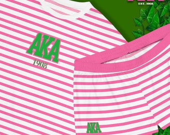 AKA Women's Short Pajama Set - Pink & Green Comfy Lounge Wear with Greek Letters, HBCU Sorority Merch, Alpha Kappa Alpha Sleepover Gift
