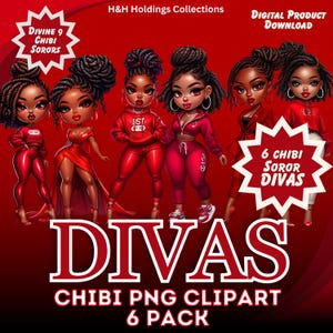 Rote Diva Sorority Png Clipart Bundle - 6 Chibi Schönheiten - Hochwertige Designs für Sammler und Schöpfer - HBCU College Geschenk für Sie