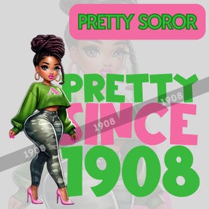 Pink and Green Pretty Sorority Chibi & 1908 Clipart – Original Black Girl Chibi Soror PNG Design for Merch Creators and Collectors