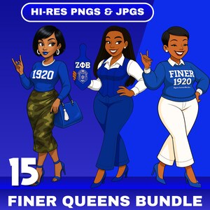 15 Finer Queen Sorority PNG and JPG Bundle - Pretty Black Girl Soror Clipart - Royal Blue & White Greek Digital Art - HBCU Creator Files
