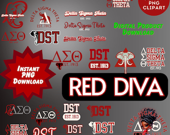 Red Diva Sorority Logos – 24 PNG & JPG Files: 1913 Greek Letter Graphics – Instant Digital Download for Merch Creators