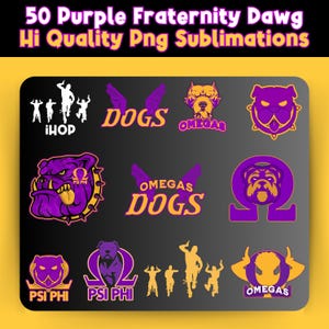 Puede incluir: Colección de diseños digitales morados y dorados con temática de fraternidades. El texto dice "50 Purple Fraternity Dawg Hi Quality Png Sublimations." Los diseños incluyen gráficos de bulldog, letras griegas y las palabras "DOGS", "OMEGAS" y "PSI PHI."
