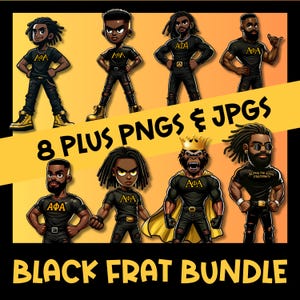 Paquete de 8 PNG y JPG de estilo Chibi de Frat Black: Diseños de dibujos animados de Hermandad de Letras Griegas de alta calidad - Descarga instantánea