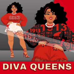 2 Rote Diva Königin PNG Bilder - 2 Outfit Hochwertige Clipart - HBCU griechische Buchstabe Grafiken - Sofortiger digitaler Download für Merch Ersteller