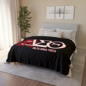 Delta Sherpa Blanket - Black with Crimson Red Decor - Sorority Greek Letters Merch for Collectors and Ideal Delta Legacy Gift