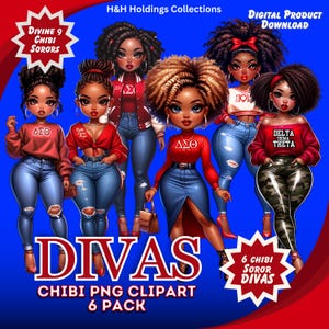 Diva Red Chibi PNG Bundle - 6 wunderschöne schwarze Mädchen Clipart - digitale Downloads für HBCU College Merch Ersteller und Sammler