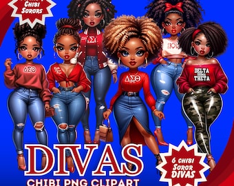 Diva Red Chibi PNG Bundle – 6 Beautiful Black Girl Clipart – Digital Downloads for HBCU College Merch Creators & Collectors