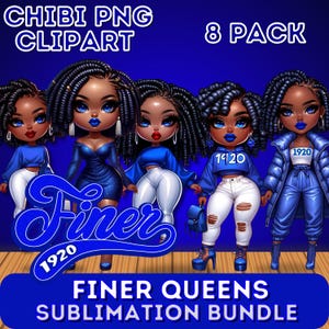 Paquete de imágenes PNG de Chibi de la hermandad de mujeres en azul y blanco más fino: 4 imágenes prediseñadas de chicas negras más finas - Descargas digitales de colores griegos para creadores y coleccionistas de productos