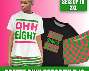 Oh Eight Sorority Pajama Short Set – Pink and Green Greek Letter Sleepwear – Sorority Booty Shorts & Cozy Loungewear