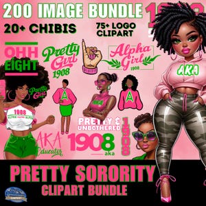 Può includere: Un pacchetto di clipart digitale con uno schema di colori rosa e verde con il testo "Pretty Sorority Clipart Bundle". Il pacchetto include immagini di donne che indossano abiti rosa e verdi con le lettere "AKA" e l'anno "1908" sui loro vestiti. Il pacchetto include anche immagini di loghi con il testo "Alpha Girl 1908" e "Pretty Girl 1908".