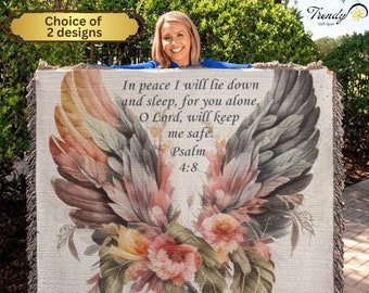 Psalm 4:8 Woven Throw Blanket, Floral Angel Wings, Christian Gift, Scripture Tapestry