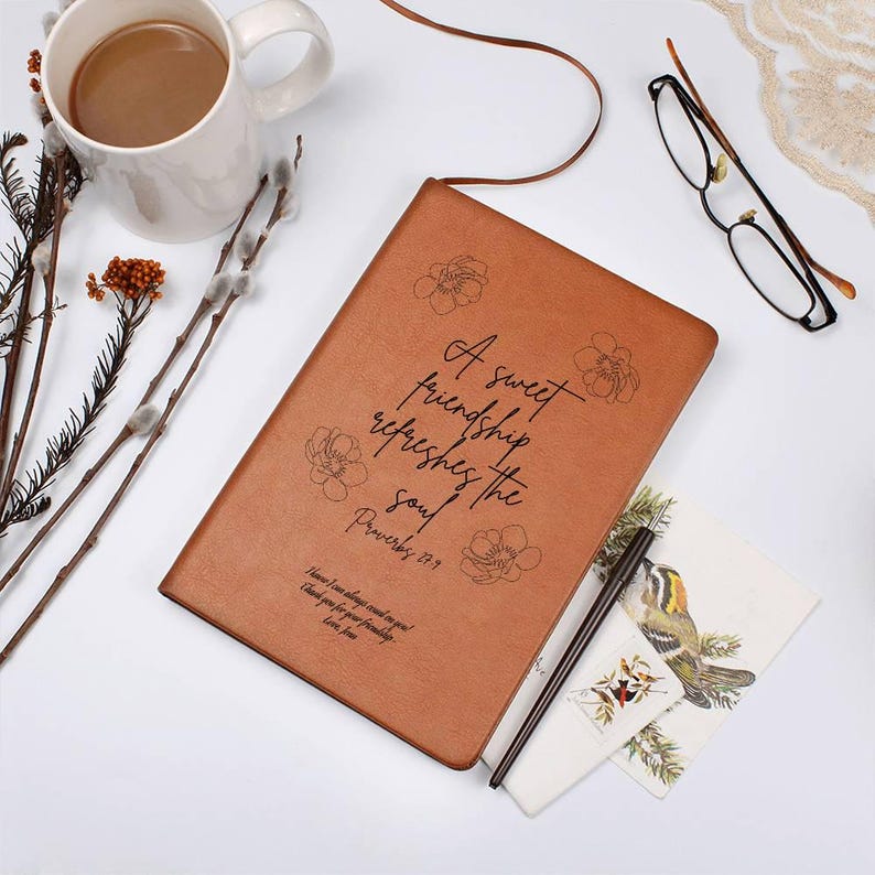 Christian Friendship Vegan Leather Journal, Christian Bridesmaid Gift, Proverbs 27:9 Gift, Friend Birthday Gift, Friend Keepsake Journal image 13