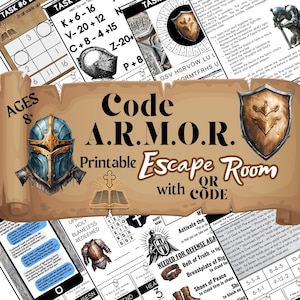 Peut inclure: Un jeu d'évasion en salle imprimable pour les 8 ans et plus. Le jeu est sur le thème de l'armure spirituelle chrétienne. L'image montre une variété de pièces de jeu, y compris un casque, un bouclier, une épée et un livre avec une croix dessus. Le texte "Code A.R.M.O.R. Escape Room imprimable avec code" est visible sur l'image.