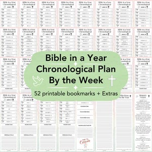 May include: A collection of printable bookmarks for a Bible in a Year chronological plan. The design includes a green banner with the text "Bible in a Year Chronological Plan By the Week" and a cross symbol. The bookmarks are designed for weekly use.