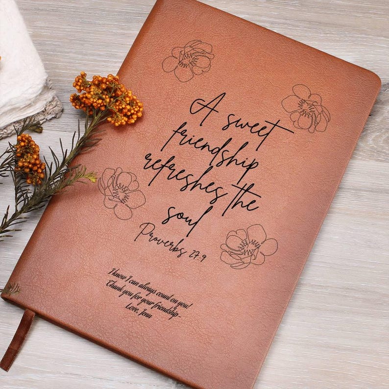 Christian Friendship Vegan Leather Journal, Christian Bridesmaid Gift, Proverbs 27:9 Gift, Friend Birthday Gift, Friend Keepsake Journal image 1